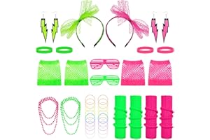 Provone 32Pcs 80s Costume Accessories Set for Women, 80s Fancy Dress Accessories Neon Lace Bow Headband Leg Warmers Fishnet