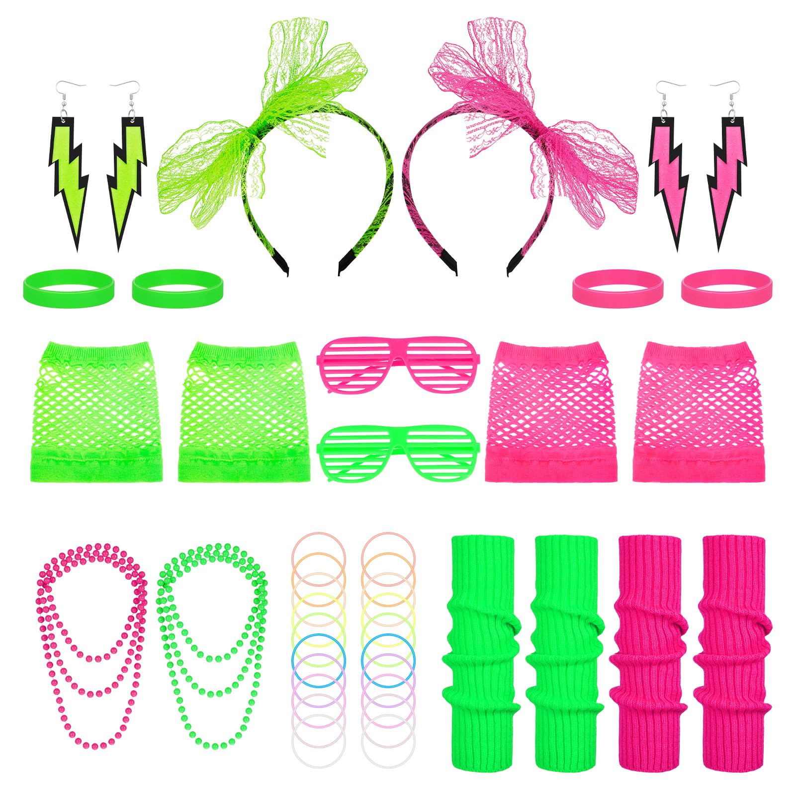 FRIUSATE 42 Pcs 80s Fancy Dress for Women, Neon Pink & Green 80s Accessories with Leg Warmers Lace Bow Headband Necklaces Bracelet Fishnet Gloves, Neon Accessories for Women & Kids Retro Parties