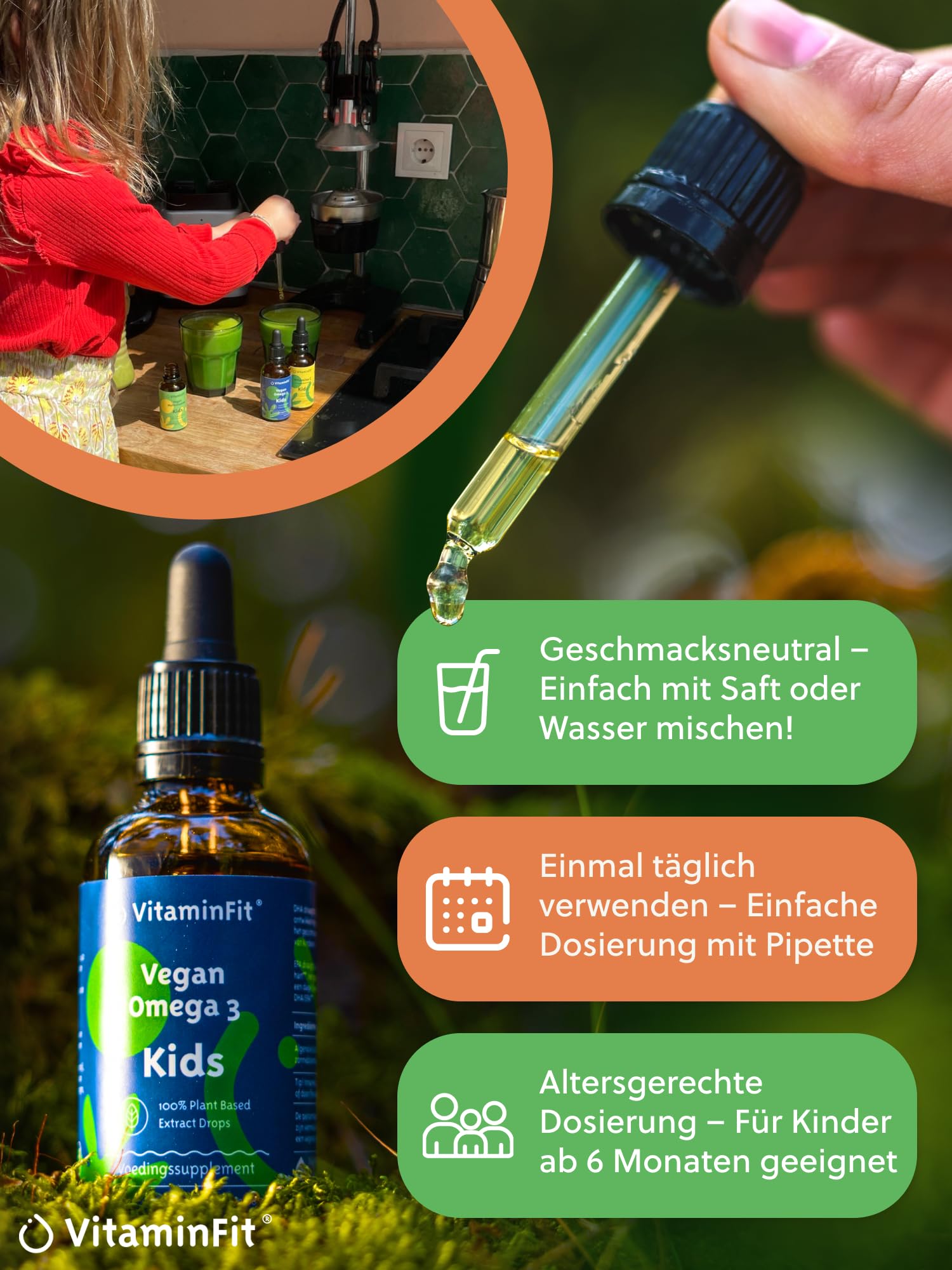 Omega-3 Tropfen Vegan für Kinder – ohne Fischgeschmack – DHA & EPA – Omega-3-Öl aus nachhaltiger Algengewinnung 250 mg DHA und 100 mg EPA pro Tag – hohe Dosierung – Vorrat für 2 Monate (50 ml) 4