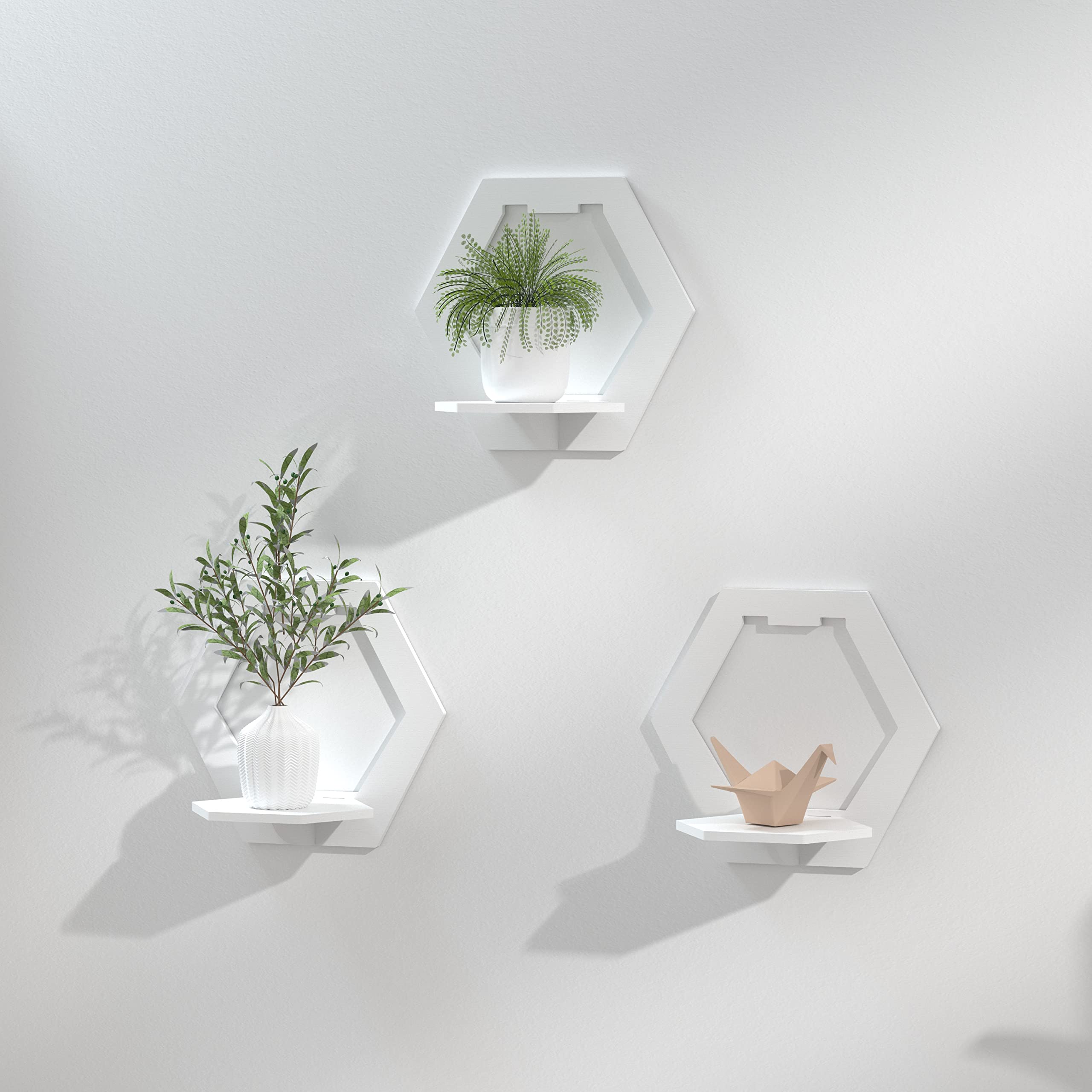 Mikytoper Shelves for Wall Set of 3,Floating Shelf White,Easy Assembly 29x29x18cm PVC,Practical and Decorative Shelf for Children's Room,Living Room,Bedroom etc. (Hexagon)