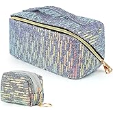 KEYPOWER Large Capacity Glitter Sequin Cosmetic Bag Travel Makeup Bag Sparkly and Shiny Handle Portable Toiletry Bag with Glitter Small Wallet for Women (Grey)