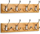 LARHN Wall-Mounted Coat Rack 2 Pack 4 Matt-Nickel Triple Hooks Bamboo Base 42 cm