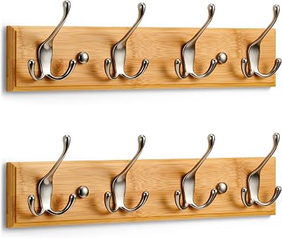 LARHN Wall-Mounted Coat Rack 2 Pack 4 Matt-Nickel Triple Hooks Bamboo Base 42 cm