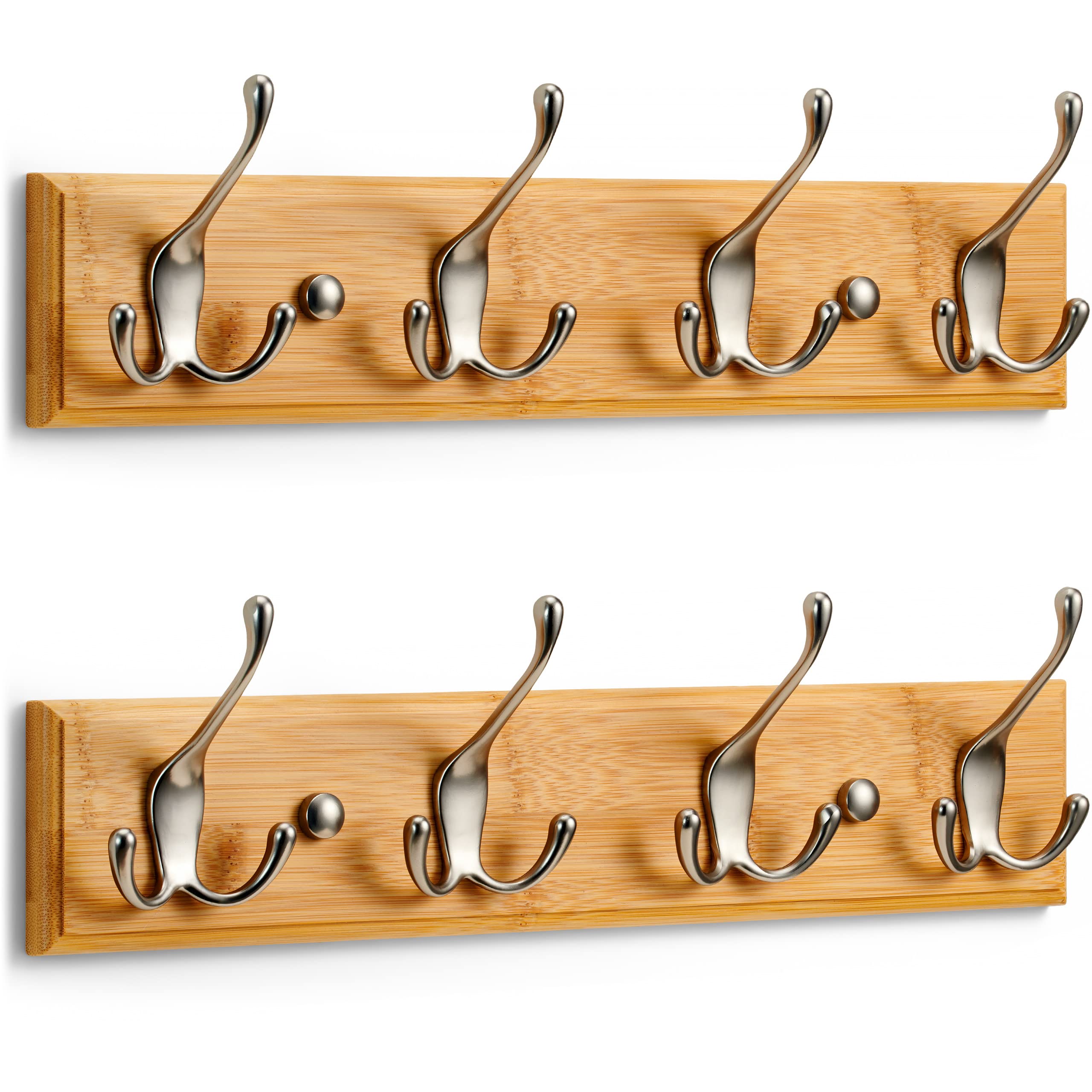 LARHN Wall-Mounted Coat Rack (2 Pack) - 4 Matt-Nickel Triple Coat Hooks for Wall on Stylish Wooden Bamboo Base – 42 cm - All Fixings Included