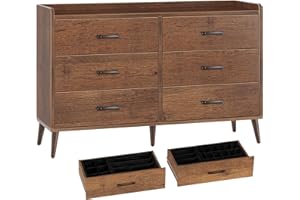 Rolanstar Drawer Dresser Quick Install, 6 Wooden Drawers Storage Dresser with Set of 4 Foldable Drawer Dividers, Mid Century Rustic Chest of Drawer with Anti-Tipping Device, Bedroom, Brown