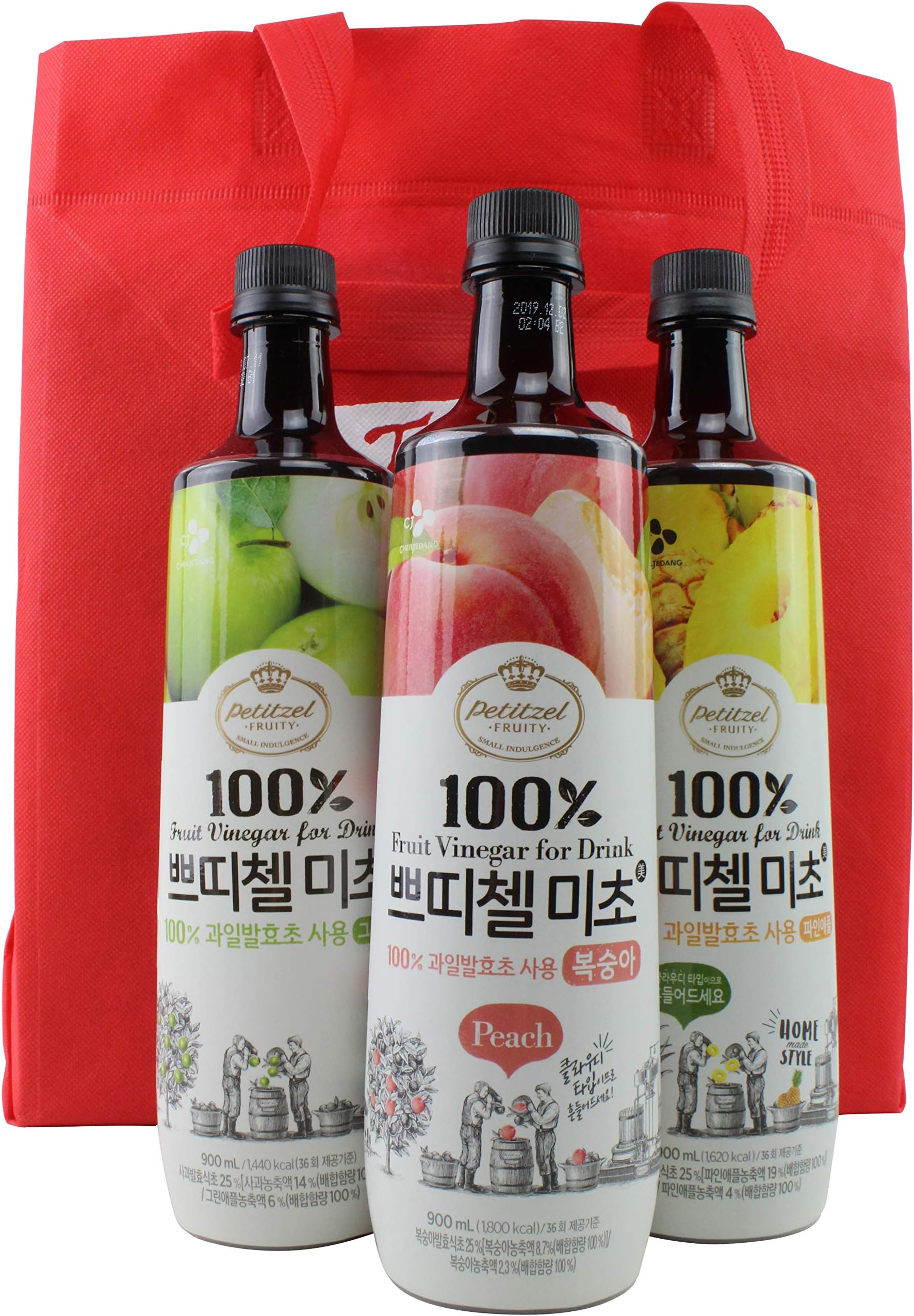 Korean CJ Petitzel Fruit Vinegar Drink Concentrate, 3 Bottle Set: Peach, Pineapple and Green Apple, 91 Fl Ounces