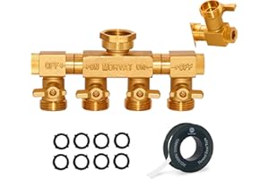 Morvat 4 Way Splitter with Rotating Arms, Heavy Duty Brass Garden Hose Manifold Connector with Comfort Rubber Grip ON/OFF Valves, Adapter for Water Faucet Tap & Spigot, 8 Extra Washers & Teflon Tape