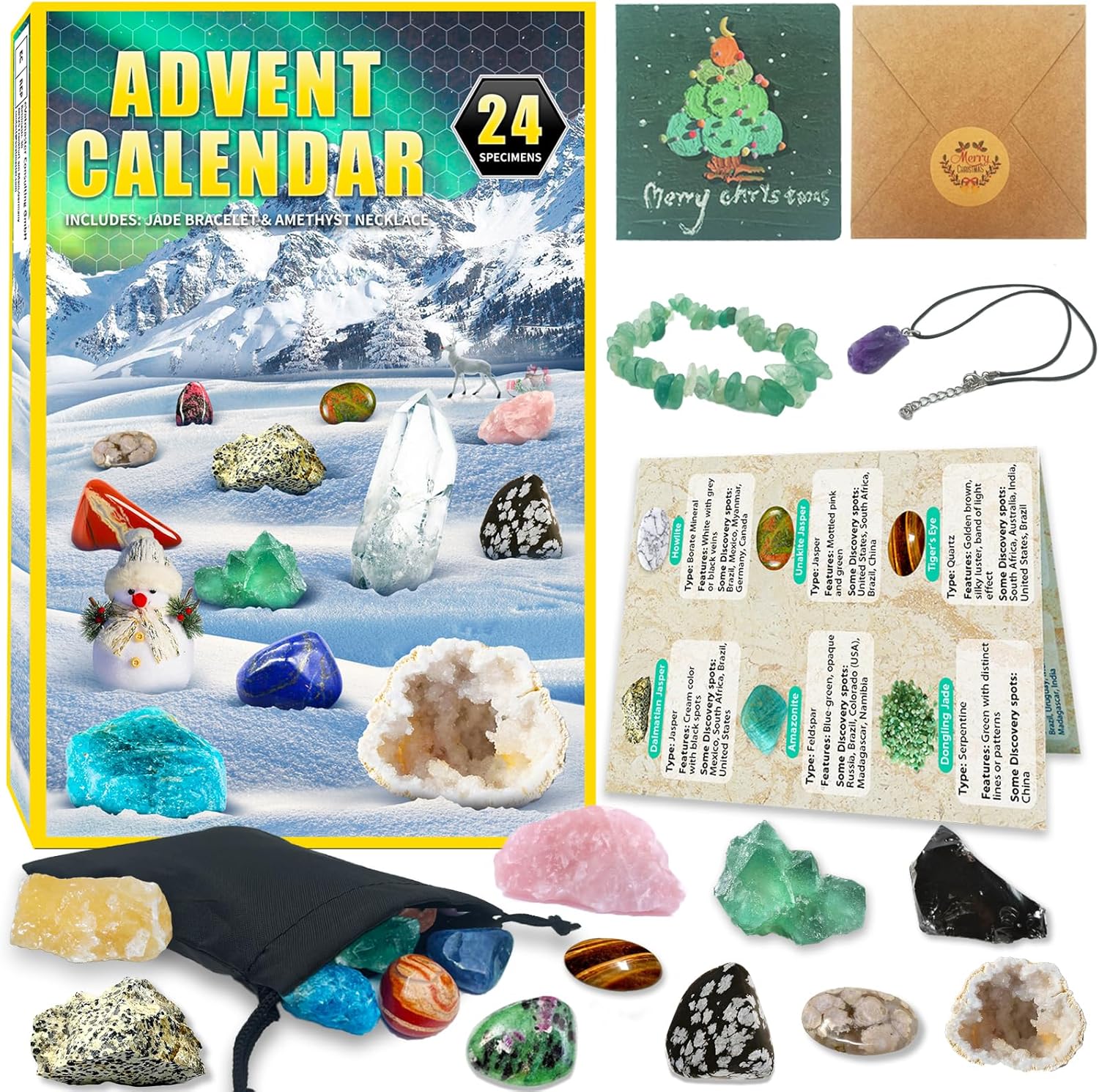 Advent Calendars - Gemstone Advent Calendar 2023, Gem Rock Advent Calendar 2023 for Kids Adults, Christmas Countdown Calendar With 24 Natural Gemstones, Including Greeting Card, Envelope, Etc