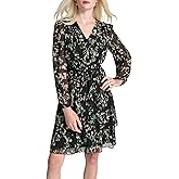 DKNY Womens Long Balloon Sleeve V-Neck Mini Ruffle Hem Belted Dress