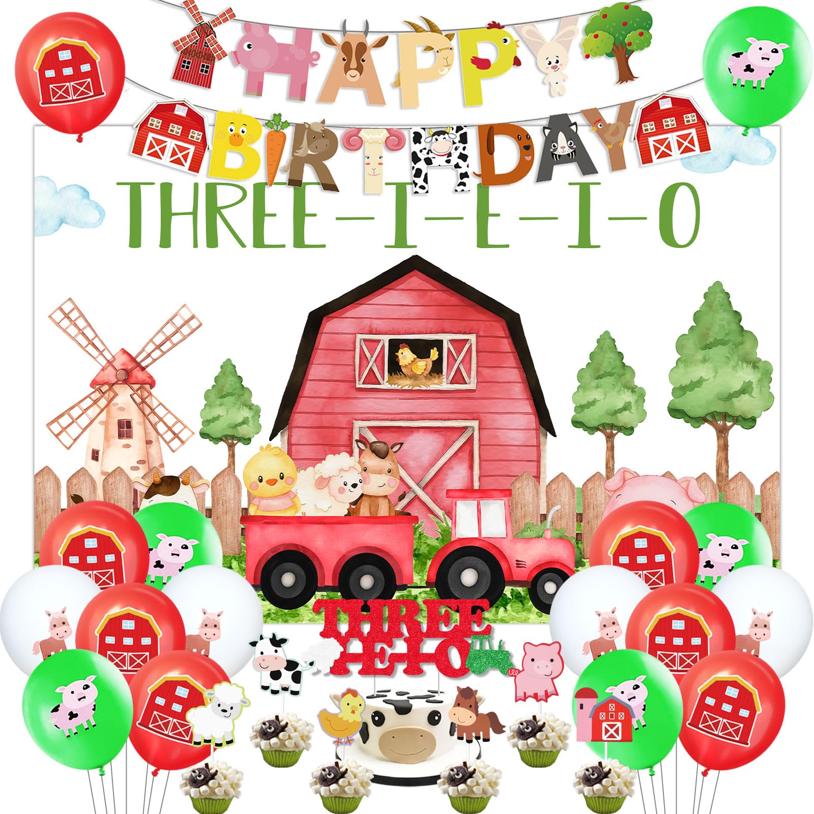 Photo 1 of kreat4joy Farm Animal 3rd Birthday Decorations, Three i e i o Farm Party Decorations Backdrop Cake Topper Happy Birthday Banner, Farm Animal Balloons Cupcake Toppers for 3rd Kids Barnyard Farm Party