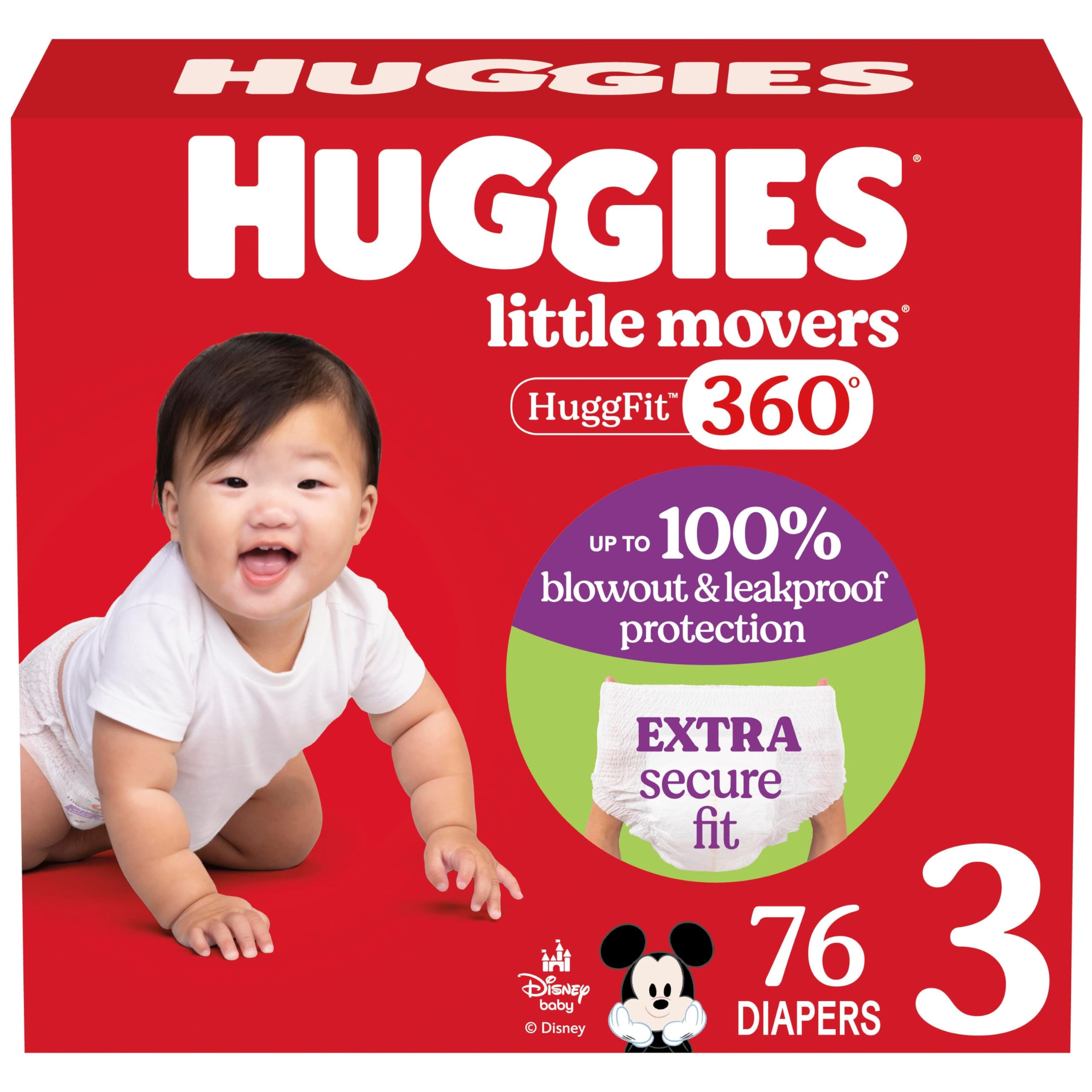 Photo 1 of Huggies Size 3 Baby Diapers, Little Movers HuggFit 360° Baby Diapers with 360° Waistband, Size 3 (16-28 lbs), 76 Count, Packaging May Vary