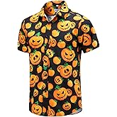 J&DHUASHA Mens Halloween Shirt Fun Pumpkins Short Sleeve Button Down Hawaiian Dress Shirts