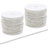 SWTOOL 60 Feets /20 Yards Metal Silver Link Chains, Iron Bulk Curb Chain for DIY Craft Jewelry Chain Making, 2 Rolls x 10 Yards (Silver)