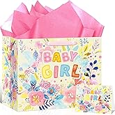 Baby Girl Gift Bag Pink Floral Baby Shower Wrapping Paper Bag Set with Greeting Card Tissue Paper Welcome Baby Gift Wrap Bag for Girls Birthday Decorations Gender Reveal Baby Shower Party Supplies