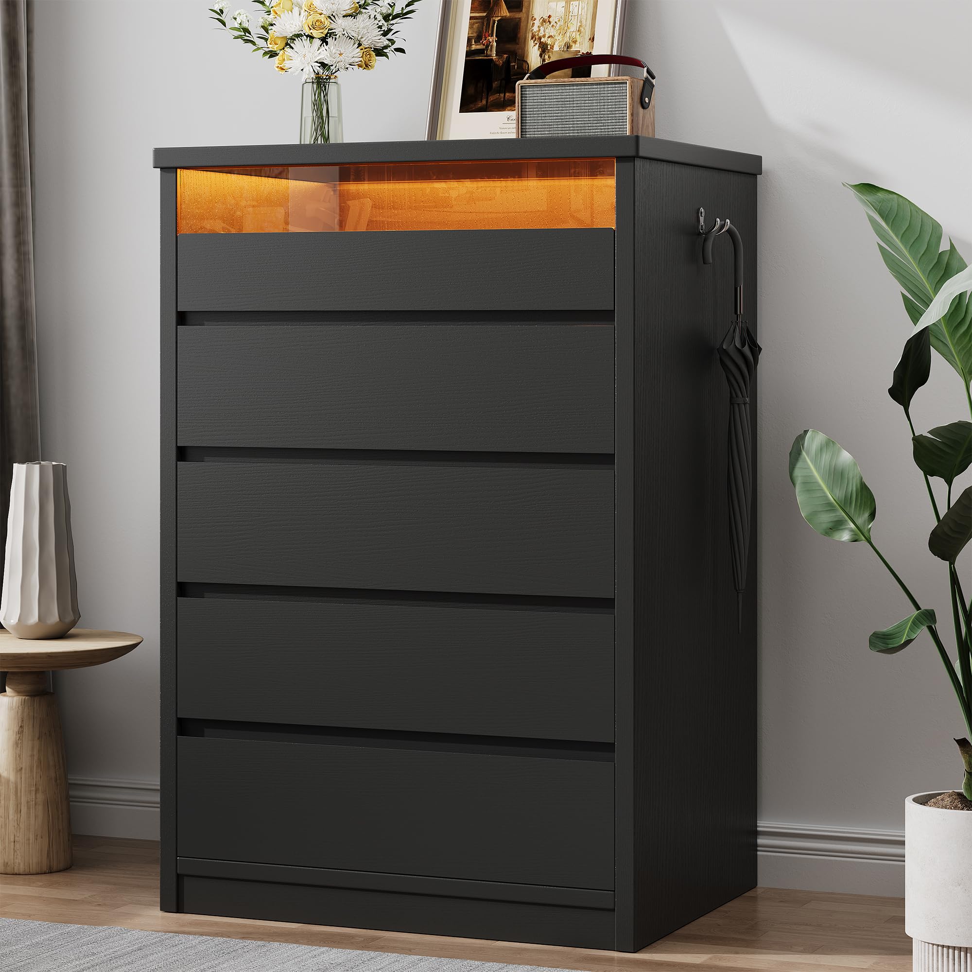 Photo 1 of ** BROKEN PIECES** Jocoevol Larger Black 5 Drawer Dresser for Bedroom with LED Light, Modern Chest of Drawers with Hidden Handles, Tall Wooden Dresser Closet for Living Room, Entryway, Hallway - Black