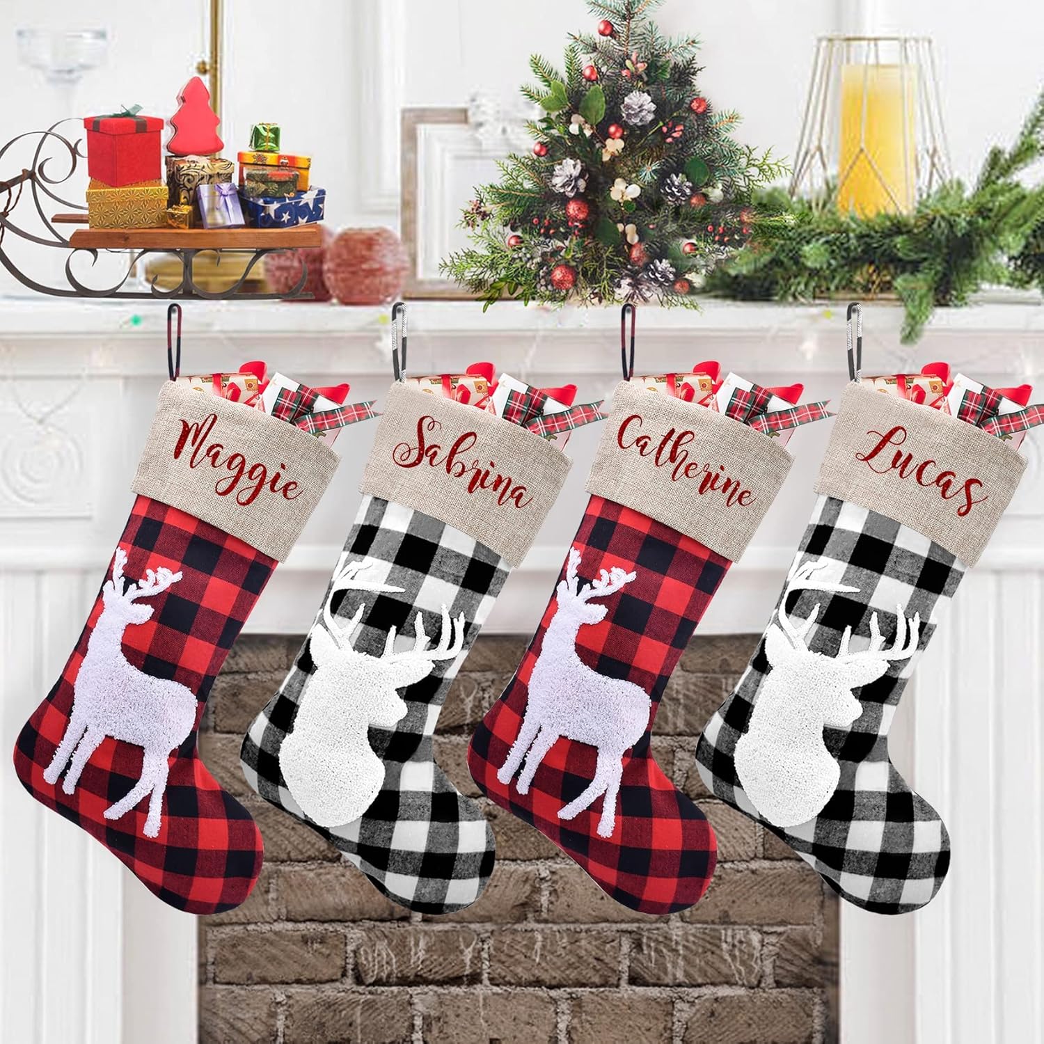 Stockings & Holders - CARAKNOTS Personalized Christmas Stocking 1 Pack Large Burlap Buffalo Plaid Custom Monogram Christmas Stockings Family Christmas Party Decoration Xmas Holiday Fireplace