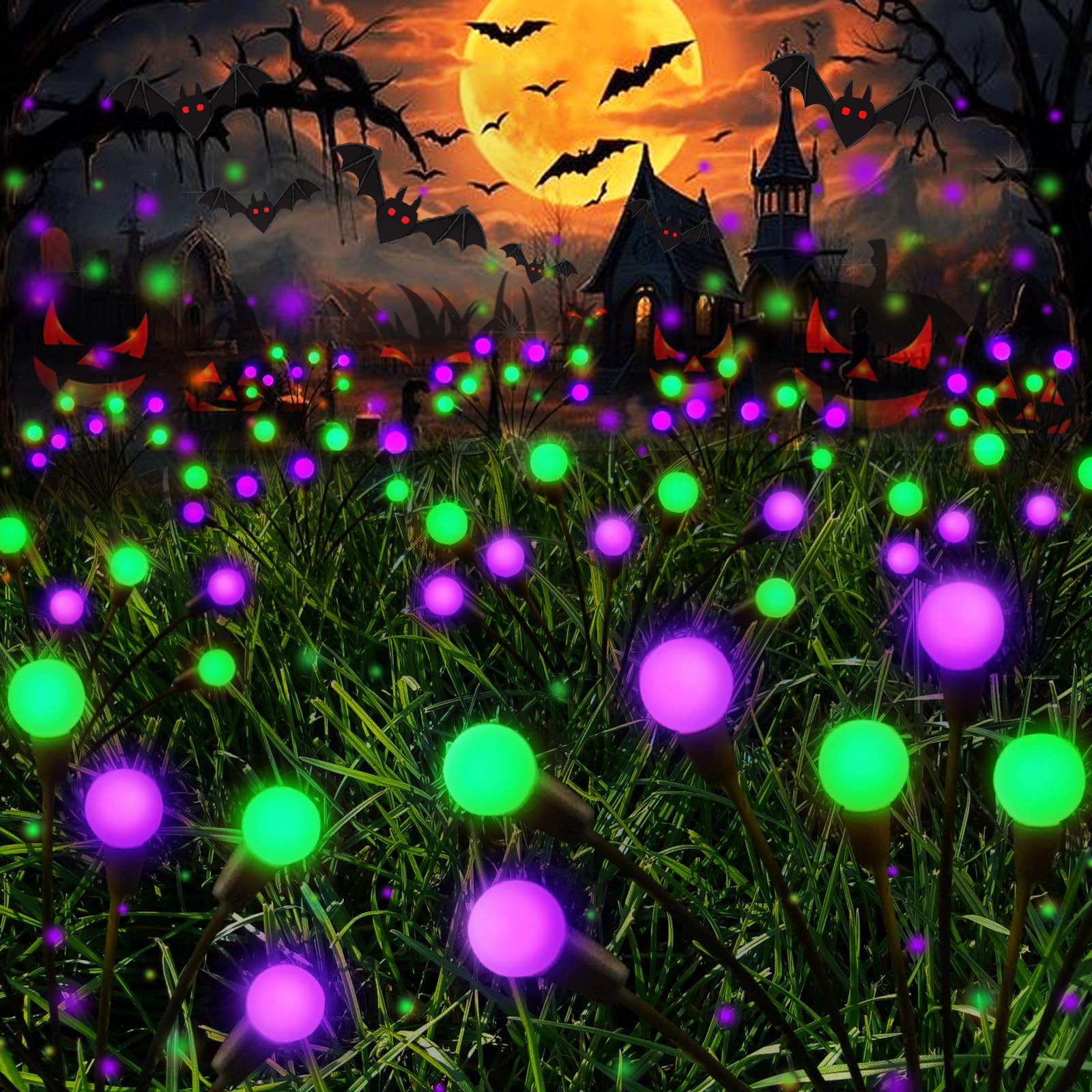 Photo 1 of Halloween Decorations Outdoor Solar Pathway Lights, 6 Pack 48LED Solar Firefly Lights Green and Purple, Sway by Wind, Waterproof Solar Halloween Lights for Patio Garden Yard Lawn Horror Party Decor