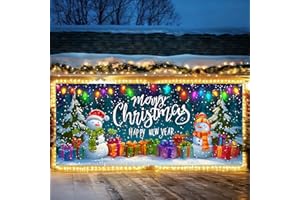 THISFIND 7x16 ft Christmas Snowman & Presents Garage Door Banner – Holiday Outdoor Décor, Snowy Winter Scene with Snowmen, Gifts, and Colorful Lights, Vibrant Seasonal Decoration for Garage, Porch & Driveway