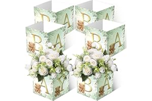 BUCHERRY 6 Pcs Green Bear Baby Shower Party Decorations Baby Flower Boxes Centerpiece Green Bear Table Display with Letters Gender Reveal Party Favor Block Holder (Green Bear)