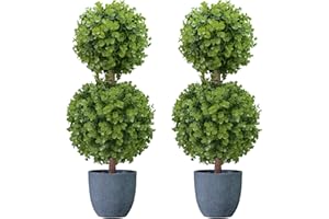 UNADRA Topiary Trees Artificial Outdoor 24 Inch Fall Front Porch Decor Set of 2-2ft Faux Boxwood Plants Round Bushes Fake Shrubs Potted Indoor Home Door Office Patio Decoration Eucalyptus 2 Ball