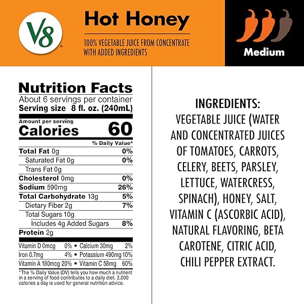 V8 HOT HONEY 100% VEGETABLE JUICE, 46 FL OZ BOTTLE