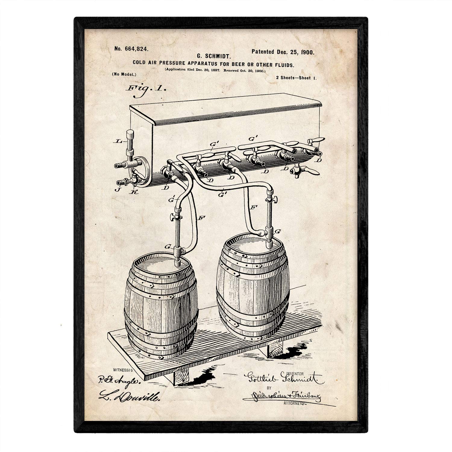 Nacnic Poster patent Pressure beer. Sheet with old design patent in A3 size and vintage background