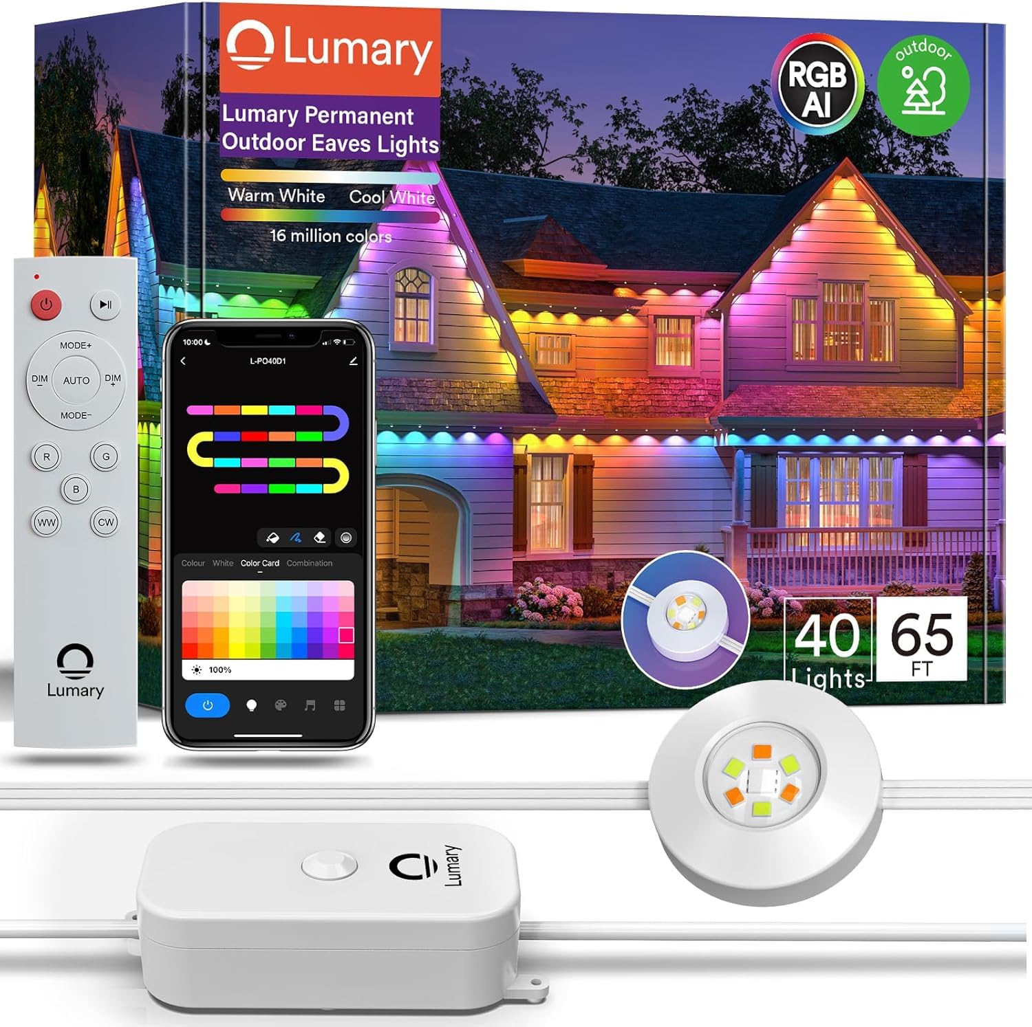 Photo 1 of Lumary Permanent Outdoor Lights Pro with Remote, 40LED 53ft for House, 2000lm RGBAICW Smart Eave Light, Work with Alexa Google, Multi Scene for Daily Halloween Christmas Decor, IP67 Waterproof, White