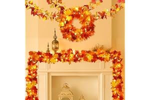 Joyhalo 4 Pack Fall Garland with Lights, Fall Leaves for Mantle, Outdoor Lighted Up Leaf Garland Autumn Decor with 6.5FT LED Lights, Maple Leaves for Table, Home, Indoor, Thanksgiving Decorations