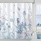 Bonhause Nautical Coastal Shower Curtain, Ocean Themed Seahorse Seashell Starfish Coral Beach Bathroom Decor 72x72 Inch Polyester Fabric Waterproof Bath Curtain with 12 Hooks