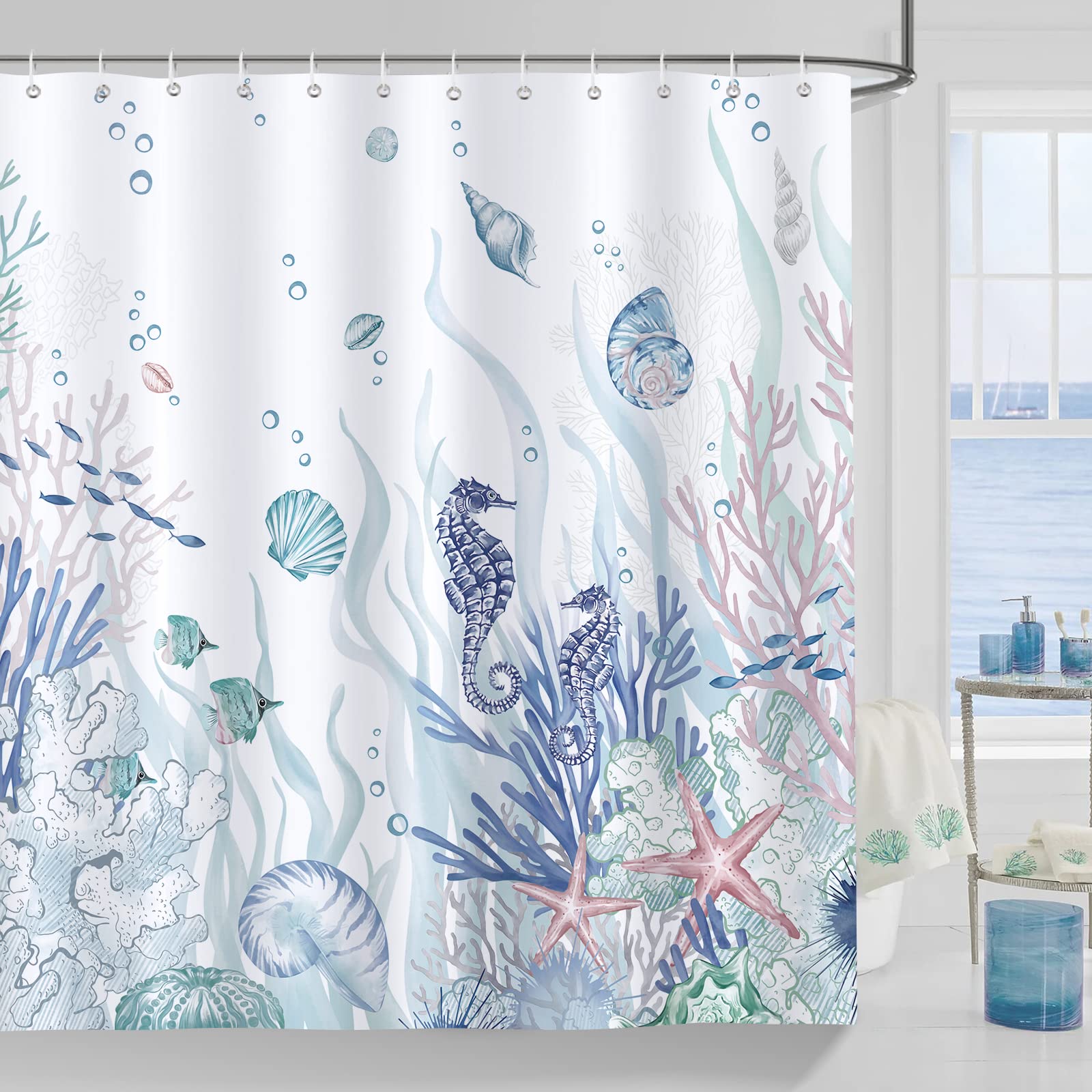 Bonhause Nautical Coastal Shower Curtain Coral Seahorse Beach Ocean Blue Bathroom Curtain 180 x 180 cm Waterproof Mildew & Mould Resistant Polyester Fabric Bath Curtain with 12 Hooks — image 1