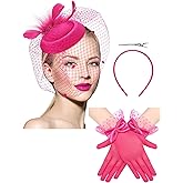 Geyoga 50s Fascinators Hat for Women 20s Feather Pillbox Hair Clip Funeral Tea Party First Communion Headpiece and Lace Glove