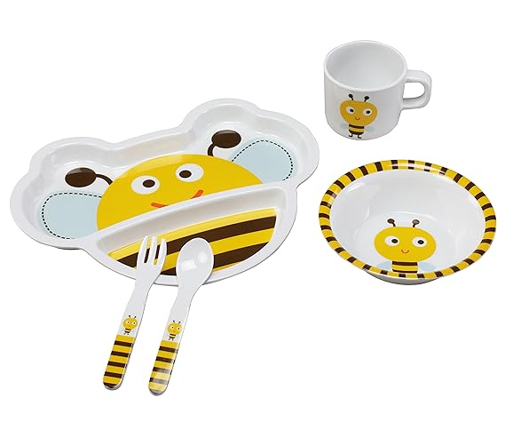 LuvLap Melamine Baby Cutlery Tableware, 5 pc Set with Spoon, Fork, Mug, Bowl & Plate (Yellow/Bumble Bee)