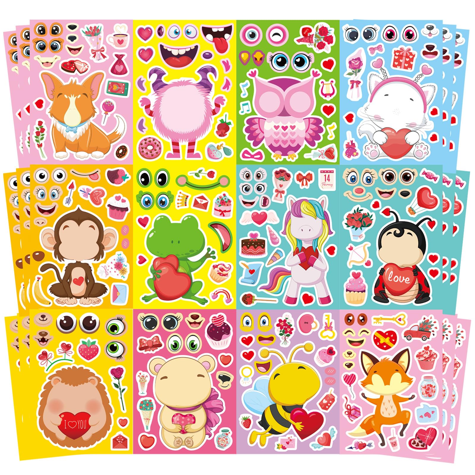 Valentine Stickers for Kids Toddlers, 36 Sheets Valentines Day Make a Face Stickers, Make Your Own Animal with Heart Mix Stickers for Kids Valentines Day Activities Party Favors