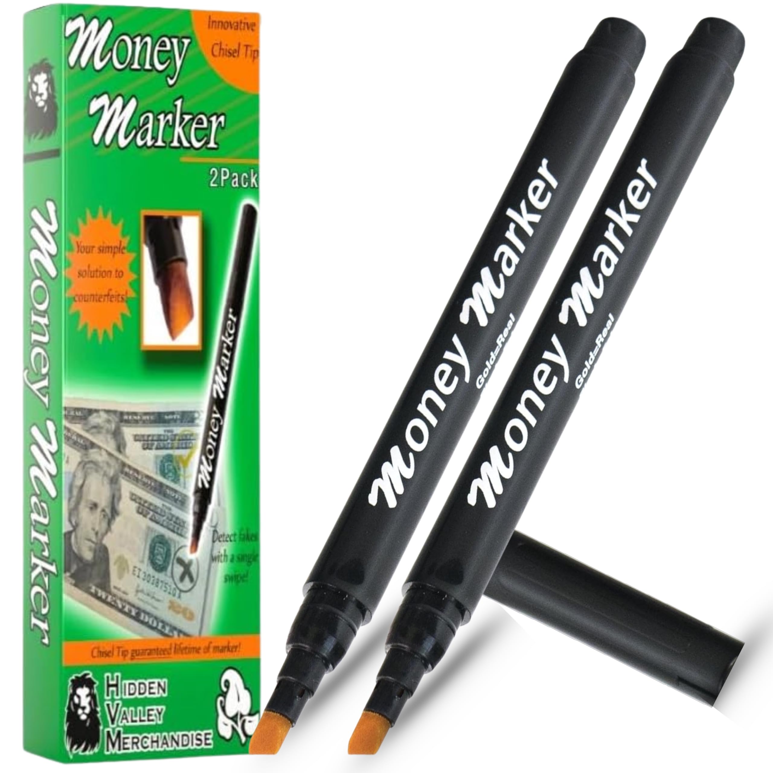 HVM Counterfeit Money Detector Pen (2 Counterfeit Pens) - Money Marker Bill Detector Pen with Upgraded Chisel Tip - Detect Fake Bills, Universal False Currency Checker Pack