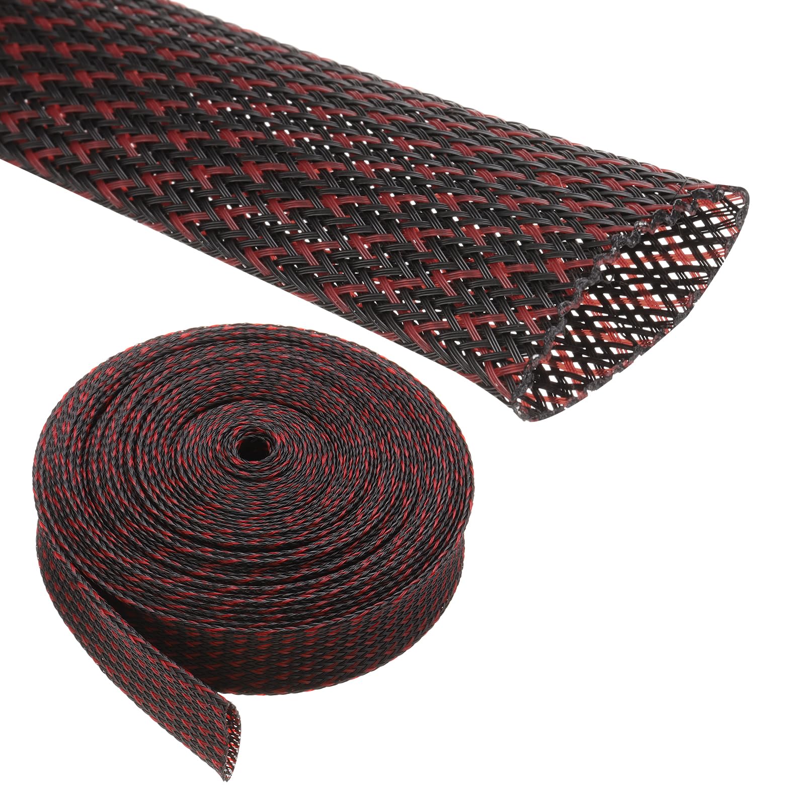 Rebower 25ft PET Expandable Wire Loom 1.25 Inch, PET Braided Wire Sleeving Cable Management Sleeve Tubing [for Audio Video Home Office Cord Protector]-Black, Red