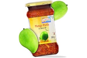 Ashoka Authentic Indian Meals 1932, Premium Olive Oil Pickles, Tangy Pickled Mango, Medium Spiced, Great for Seasoning, Flavoring or Snacking, Vegan, Kosher Certified, 300 Grams Glass Jar (Pack of 1)
