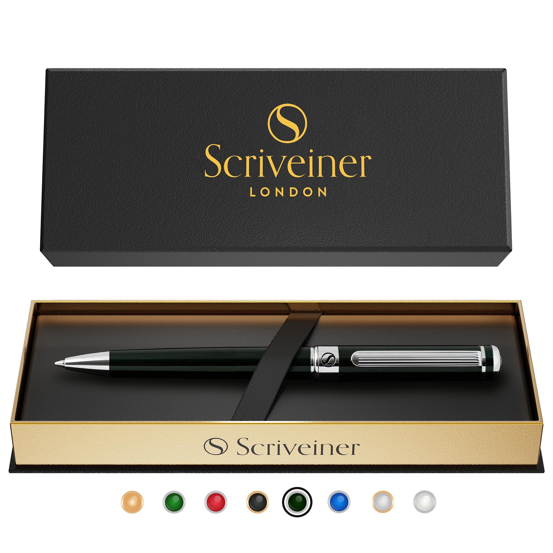 Scriveiner Green Ballpoint Pen - British Racing Green Luxury Chrome Finish, Schmidt Black Refill, Great Gift Set for Men & Women, Executive Office, Designer Pen