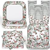 JarThenaAMCS 96Pcs Christmas Paper Tableware Set Holly Berry Pine Cone Party Supplies Xmas Square Disposable Plates Napkins and Cups For 24 Guest Winter Holiday Birthday
