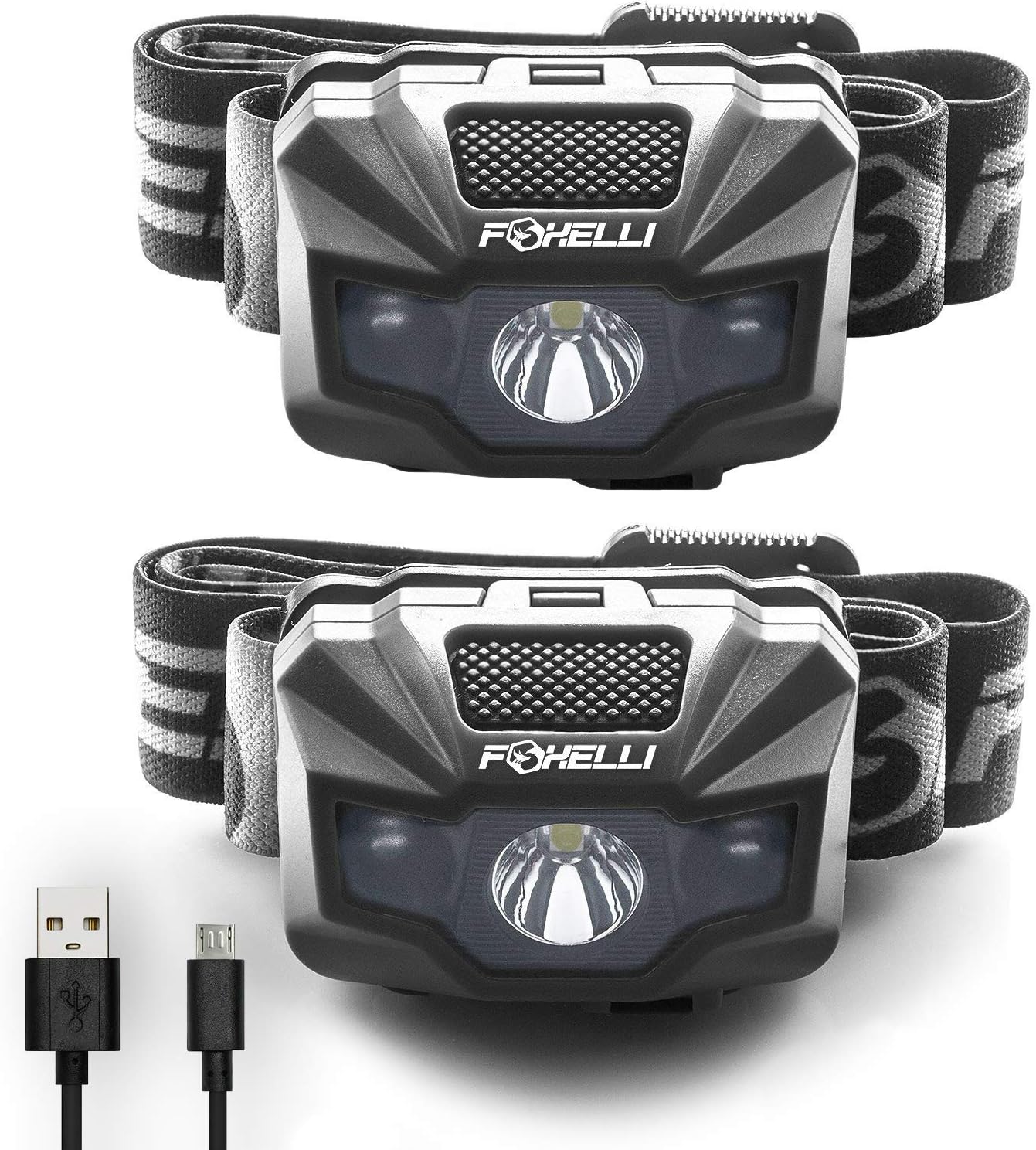 Foxelli 2-Pack USB Rechargeable Headlamp Flashlight - 180 Lumen, up to 40 Hours of Constant Light on a Single Charge, Bright White Led & Red Light, Compact, Lightweight & Comfortable Headband - - 