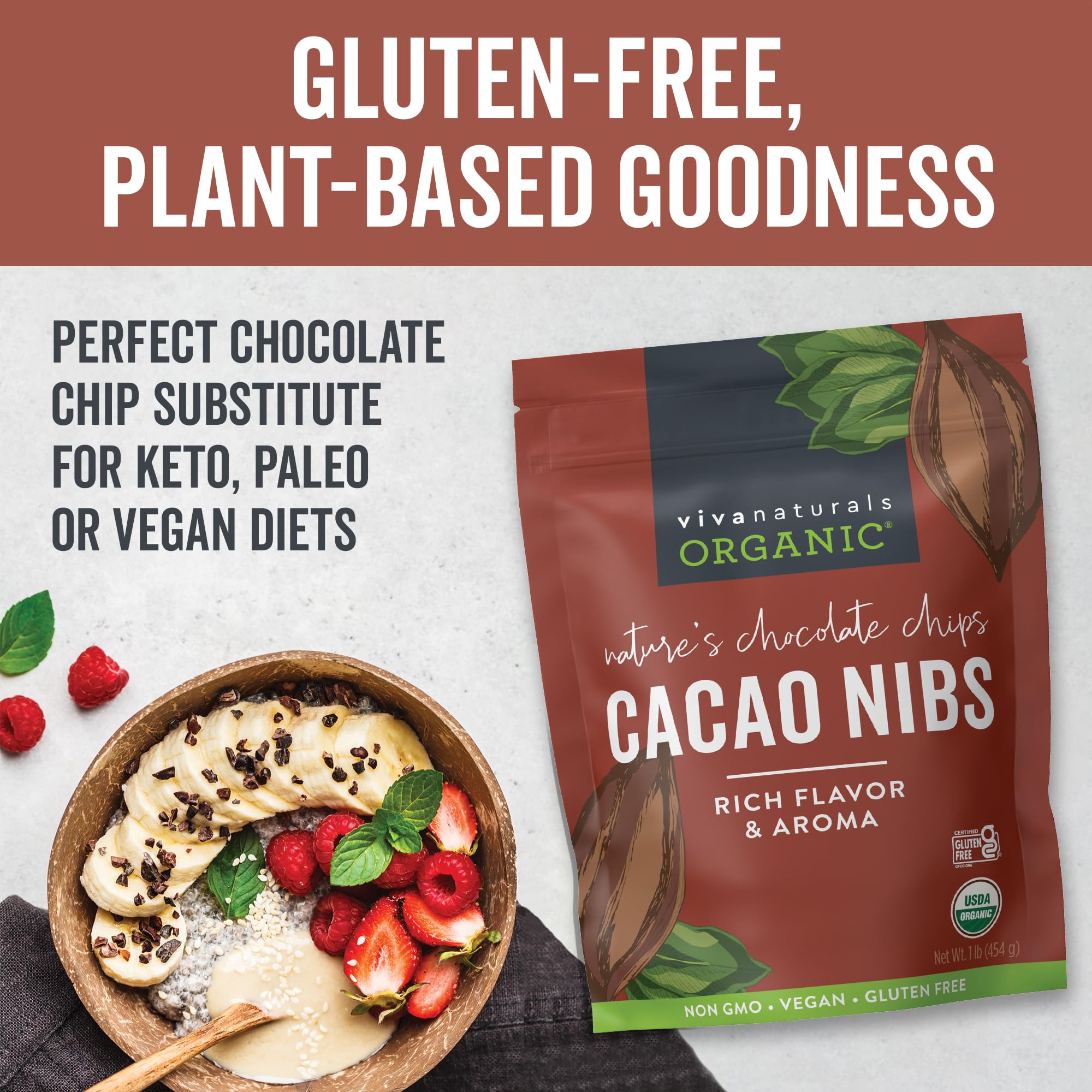 Viva Naturals Organic Cacao Nibs, 1 Lb - Certified Keto and Vegan Superfood, Perfect for Gluten Free Baking, Cacao Nib Smoothies and Healthy Snacks, Premium Criollo Beans, Non-GMO