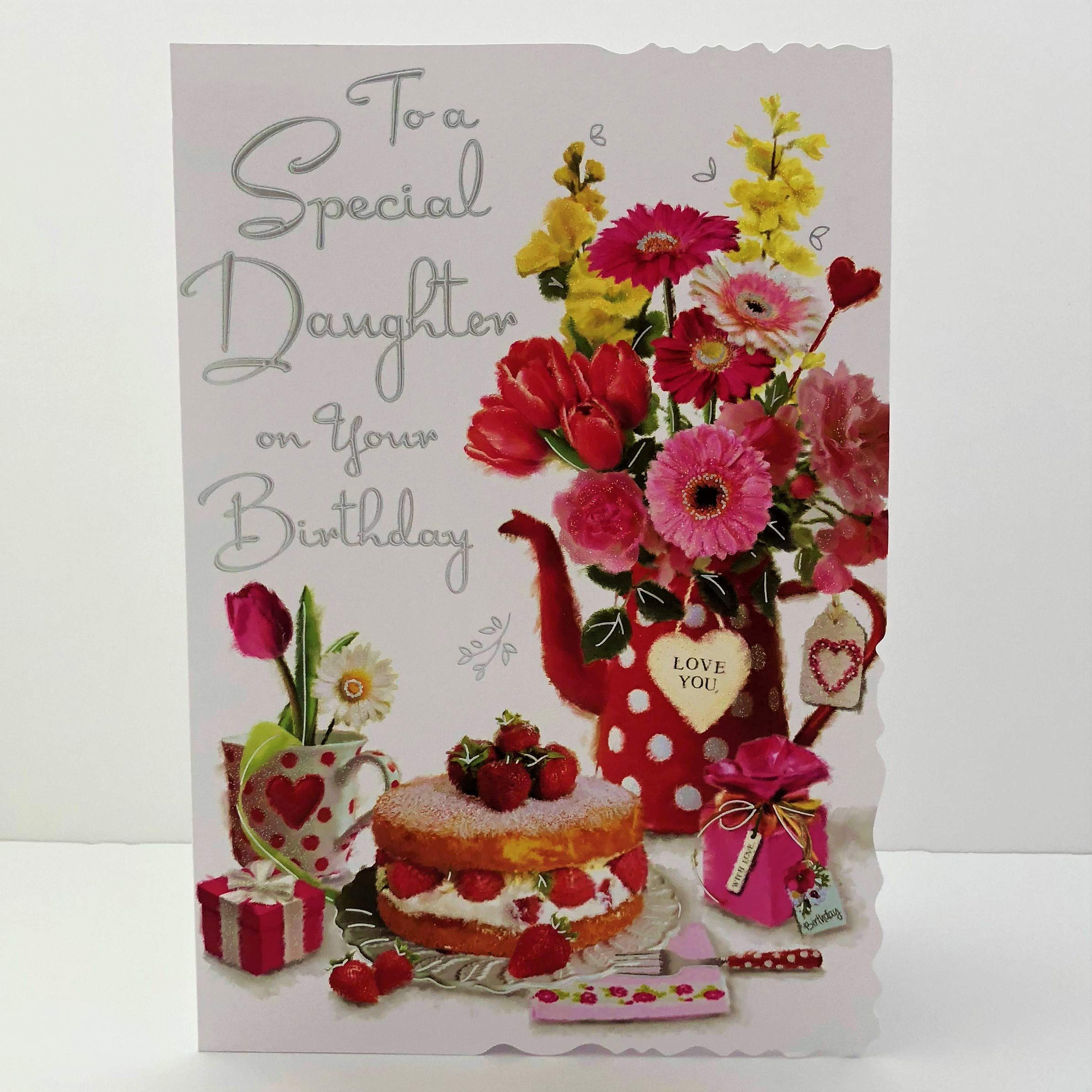 Jonny Javelin to A Special Daughter On Your Birthday Card - Flowers & Strawberry Cake