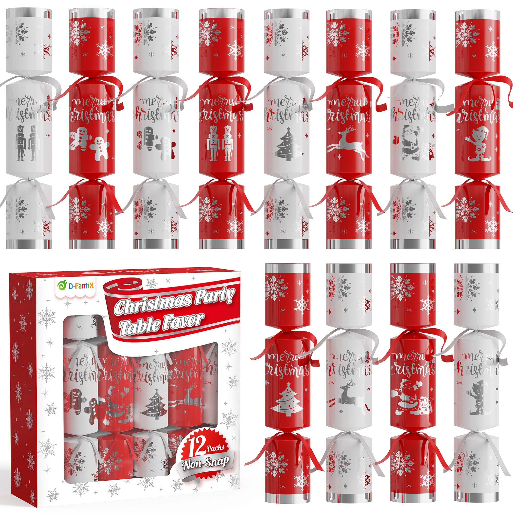 D-FantiX 12 Pack Christmas Crackers Party Favors with Red & White Snowflake Design, No-Snap Party Table Favors with Party Hats Joke Little Gifts, Xmas Holiday Dinner Traditions Supplies