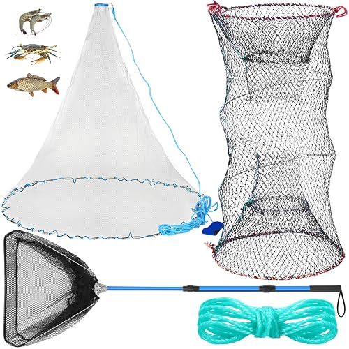 buy fishing net dubai Windyun 3 Pcs Fishing Cast Net with Heavy Duty Sinker Portable Folded  Lobster Crab Trap Fishing Net with Long Robust Telescopic Handle Freshwater  Saltwater Bait Fishing Accessories (4 Ft) in Dubai -