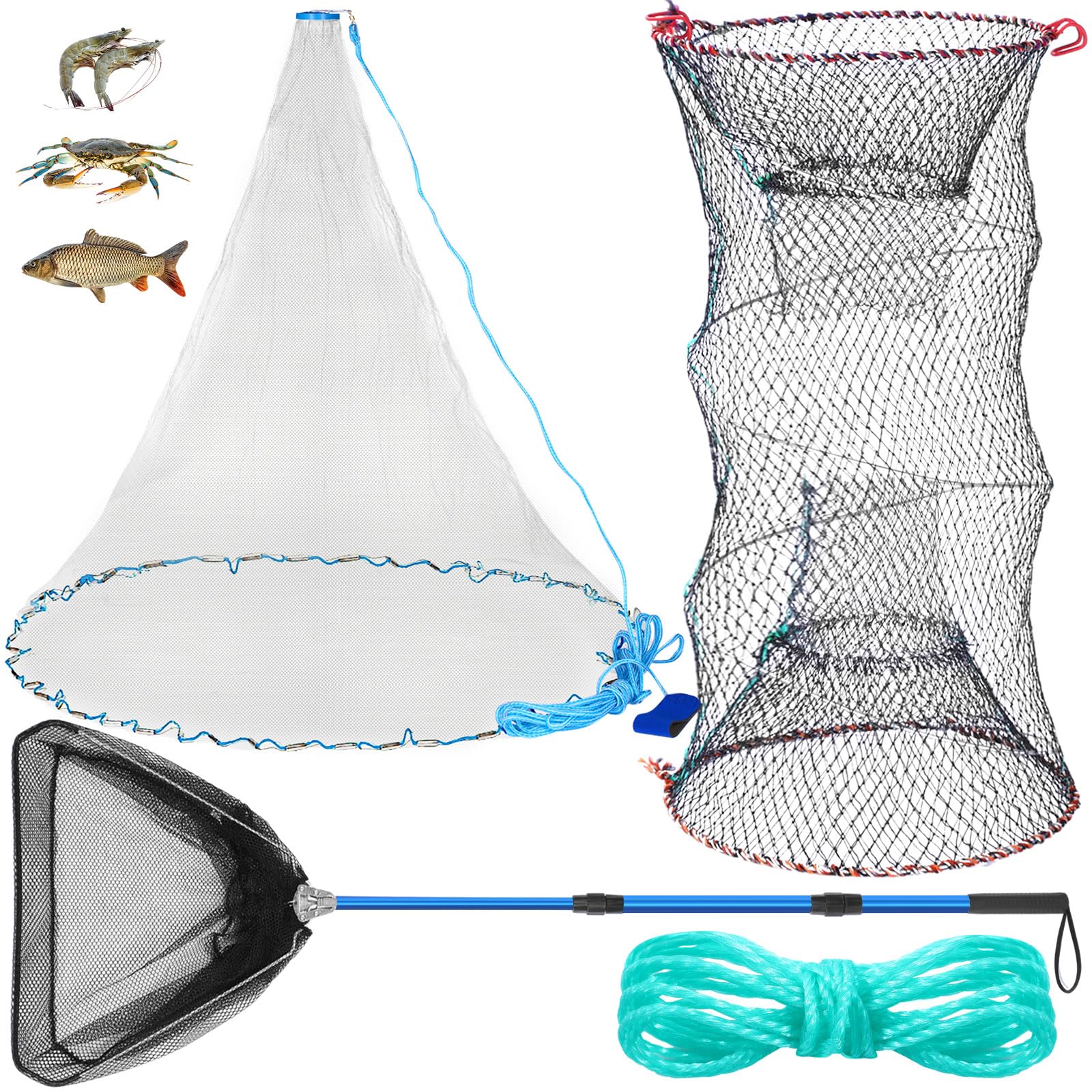 Photo 1 of Windyun 3 Pcs Fishing Cast Net with Heavy Duty Sinker Portable Folded Lobster Crab Trap Fishing Net with Long Robust Telescopic Handle Freshwater Saltwater Bait Fishing Accessories (4 Ft)