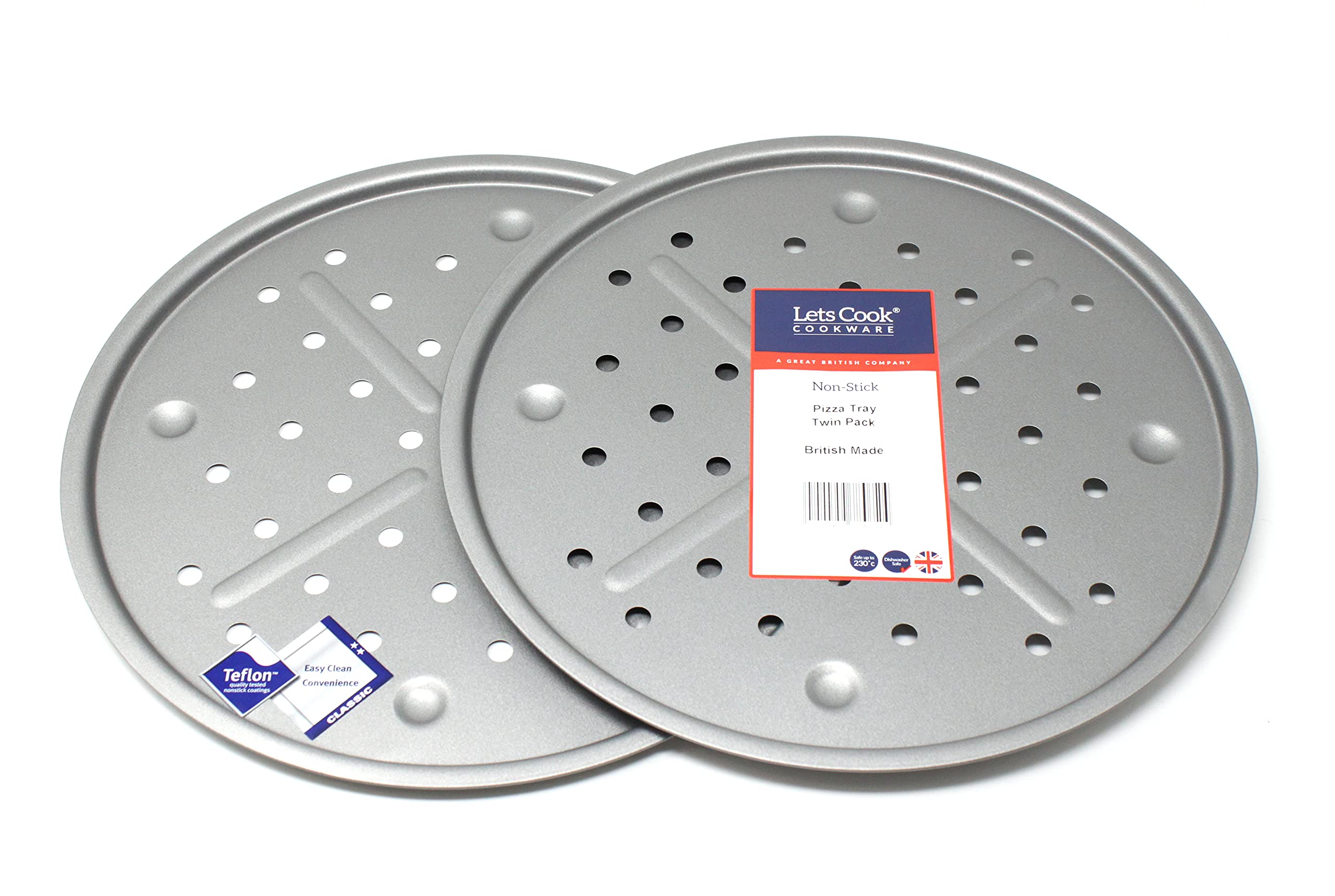 Lets Cook Cookware - 13 Inch (33.5cm) Large Round Pizza Oven Crisper Trays, Twin Pack (Set of 2), with Aeration Holes, Ribs and Dimples, Teflon Non Stick, British Made