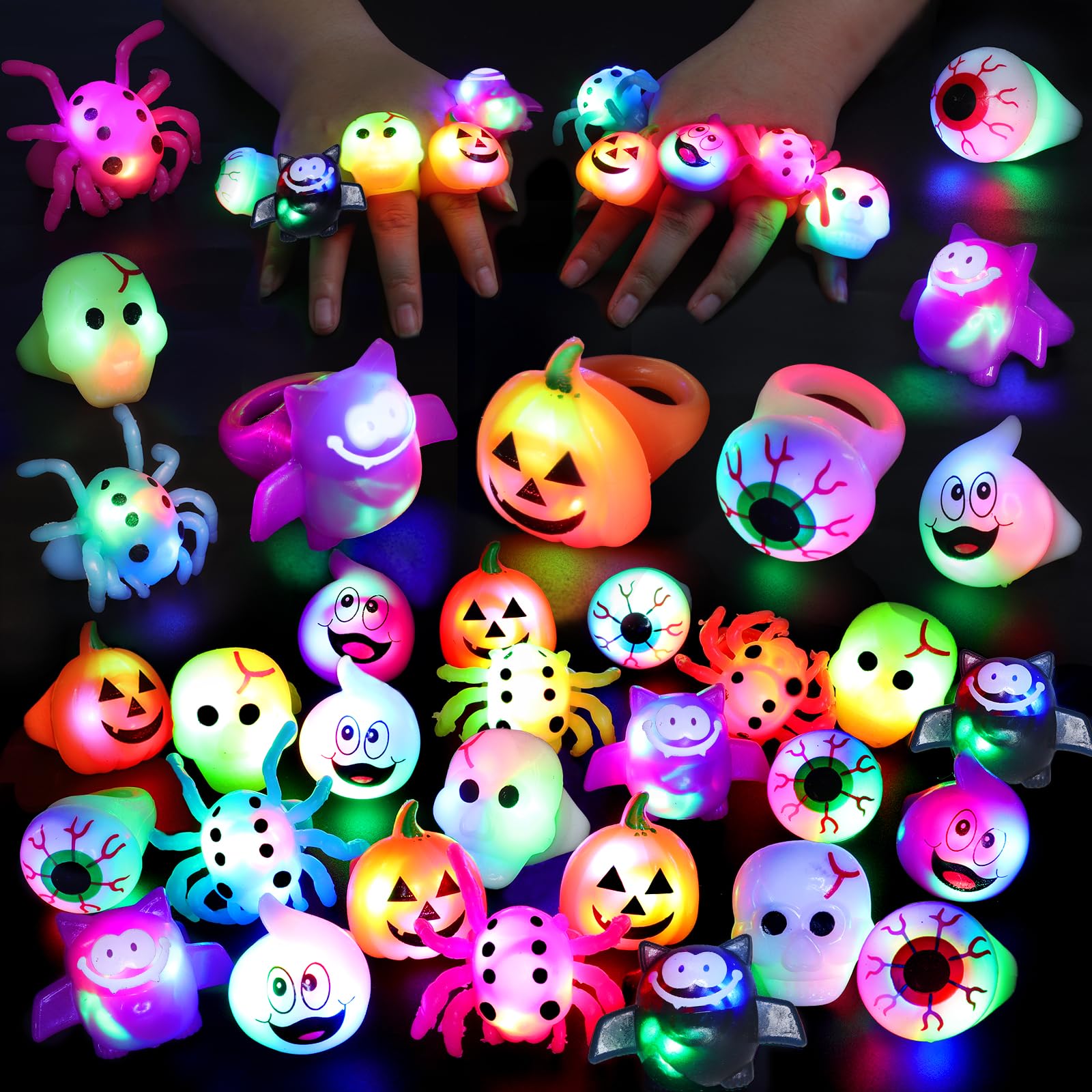 Photo 1 of [Soft Rubber] Halloween Light Up Rings Halloween Party Favors Toys Glow in The Dark 24 Pcs 6 Design Spider Skeleton Bat Ghost Pumpkin Flash LED Finger Rings Kids Adults Goodie Bag Fillers Gifts Treats