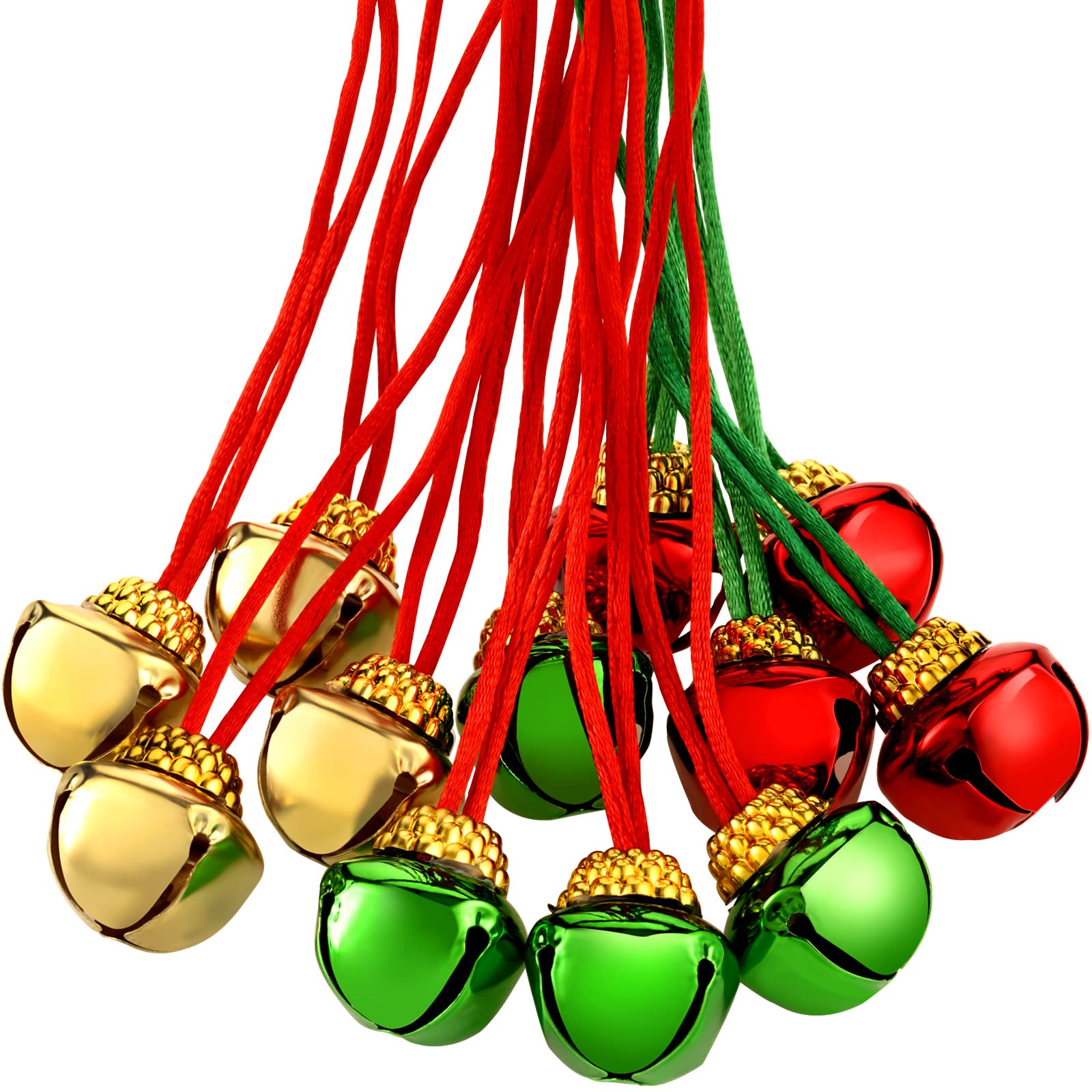 Gejoy 36 Piezas Collares de Campanas de Navidad a Granel Oro Rojo Verde Collares Navideños Decoraciones con Cintas para Favores de Fiesta de Navidad Accesorios Rellenos de Calcetín