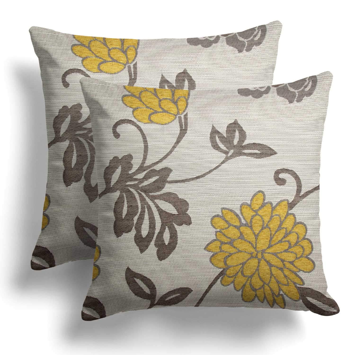 Set of 2 Ochre Floral Cushion Covers, Pair of Yellow Orla Flower Design