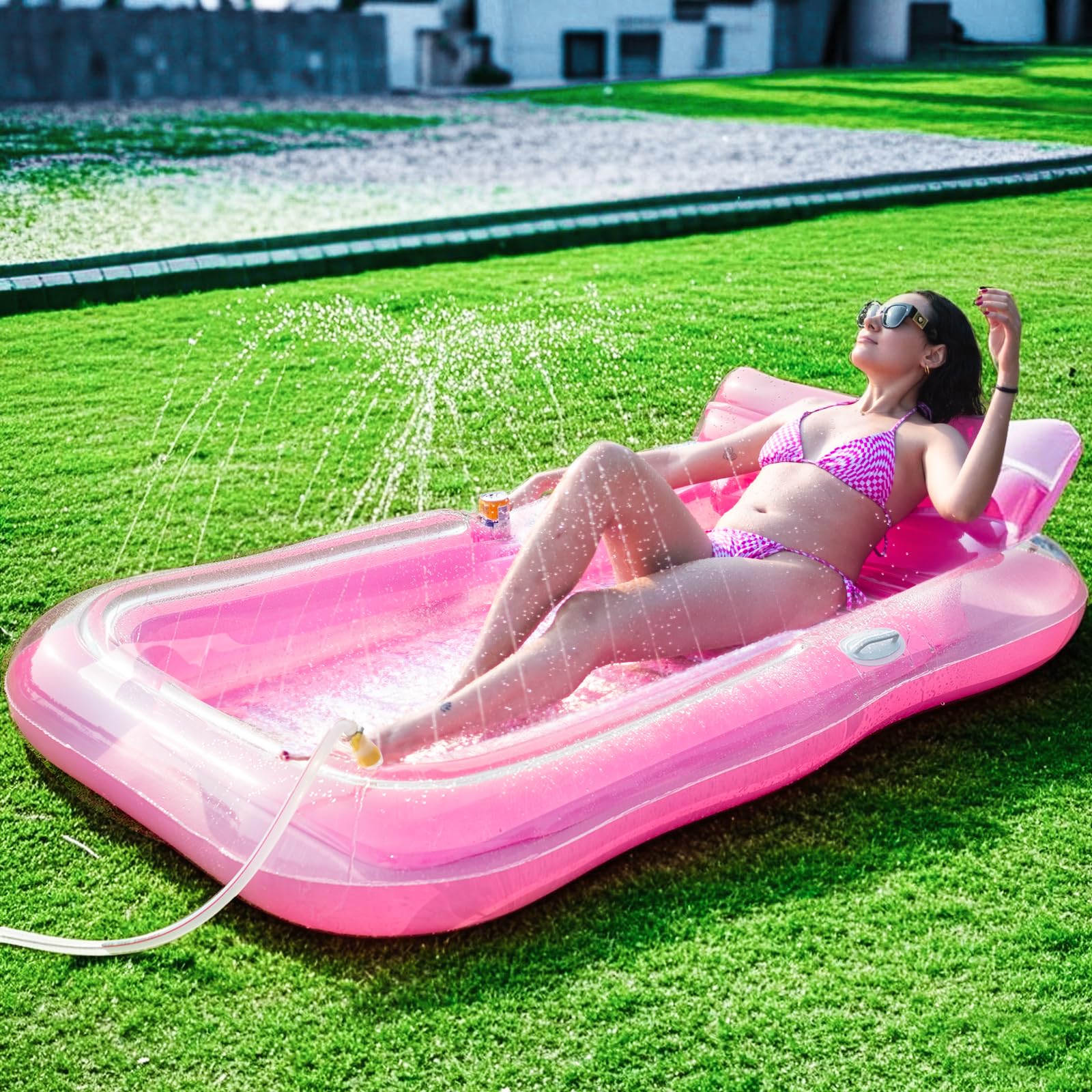 Photo 1 of Inflatable Tanning Pool Lounger Float with Sprinkler, 78" x 48" Pool Floats Adult with Pillow, 3 in 1 Blow Up Tanning Bed, Suntan Tub Raft Floatie for Pools, Beach, Backyard Summer Water Party?Pink?
