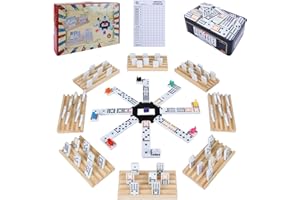 Gonoelec Double 12 Mexican Train Dominoes Set for Adults with 8PCS Wooden Holders, 9 Train Markers, 91 Color Dot Tile Dominos in Tin Box & Hub - Classic Family Board Game Set Party Toy Gift for Kids